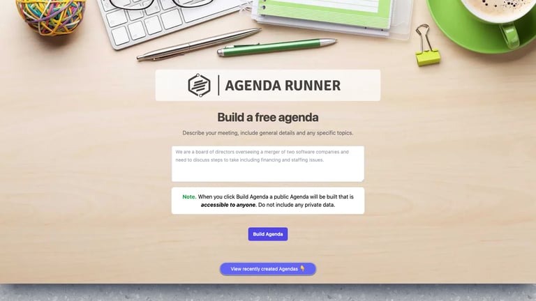 Agenda Runner website homepage screenshot