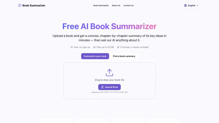 AI Book Summarizer website homepage screenshot