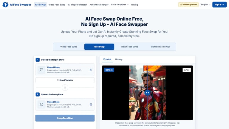 AI Face Swapper website homepage screenshot