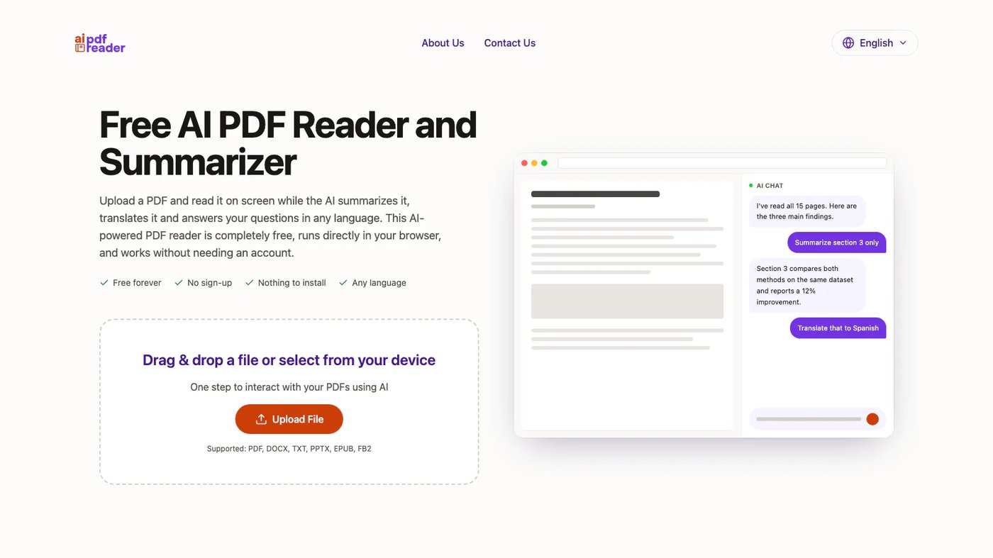 AI PDF Reader website homepage screenshot