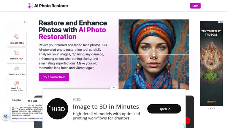 AI Photo Restorer website homepage screenshot
