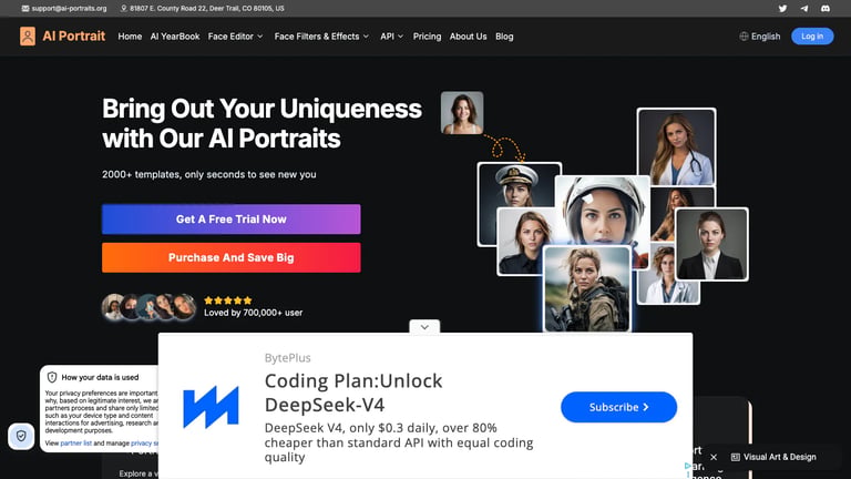 AI Portraits website homepage screenshot