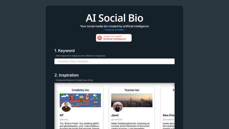 AI Social Bio website homepage screenshot