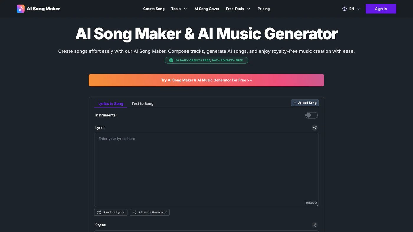 AI Song Maker website homepage screenshot