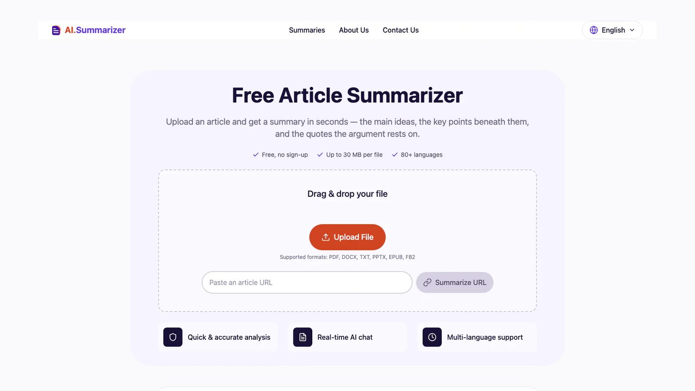 AI Summarizer website homepage screenshot