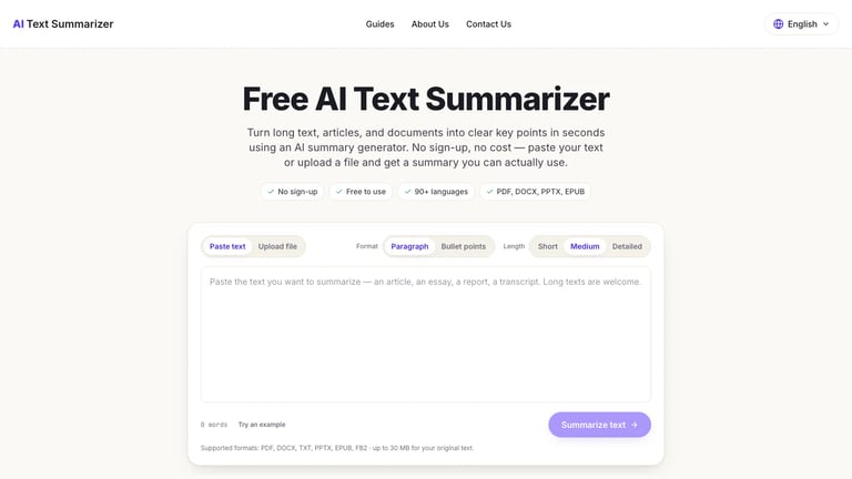 AI Text Summarizer website homepage screenshot