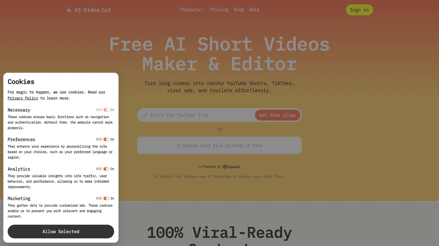 AI Video Cut website homepage screenshot