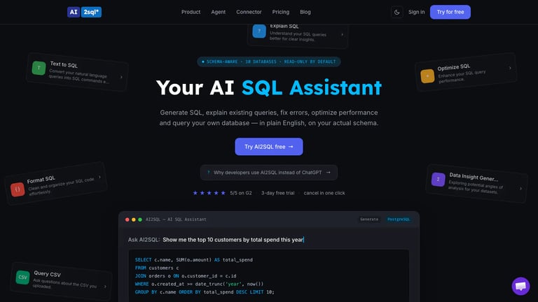 AI2SQL website homepage screenshot