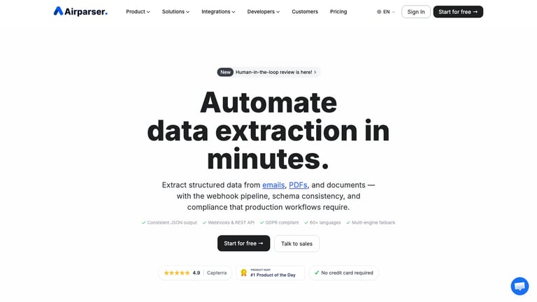 Airparser website homepage screenshot