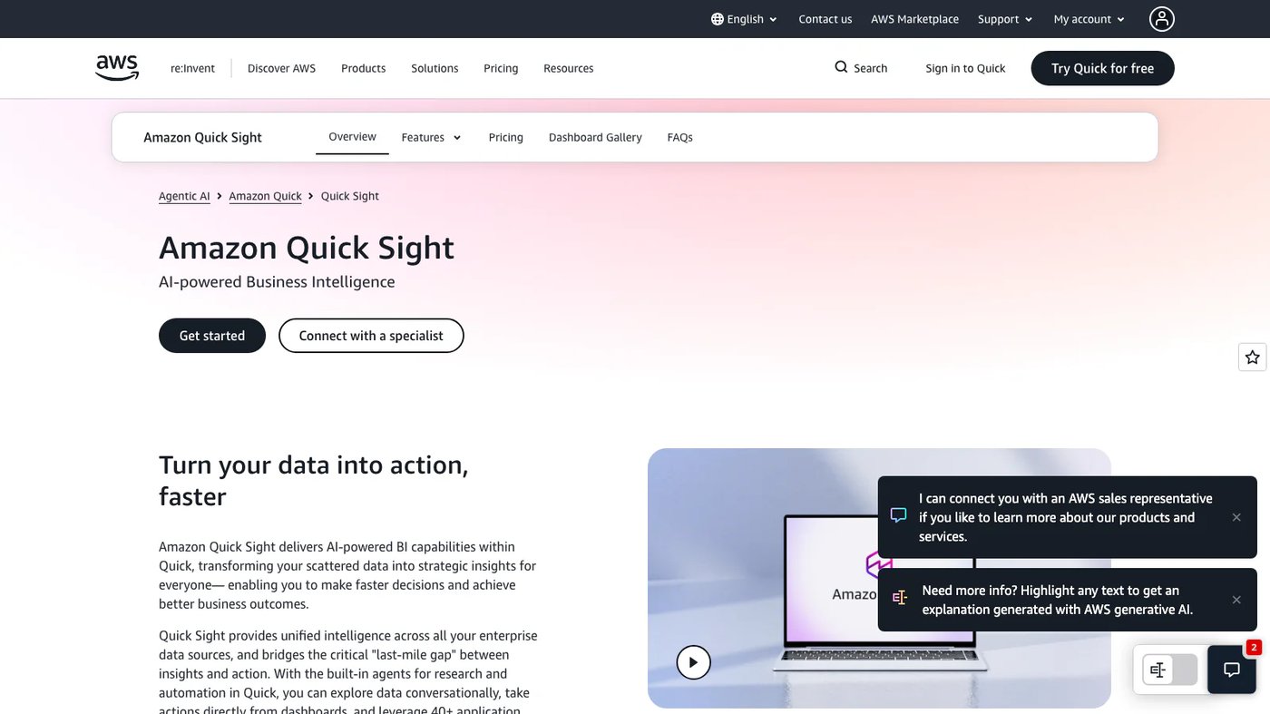 Amazon Quick Sight website homepage screenshot