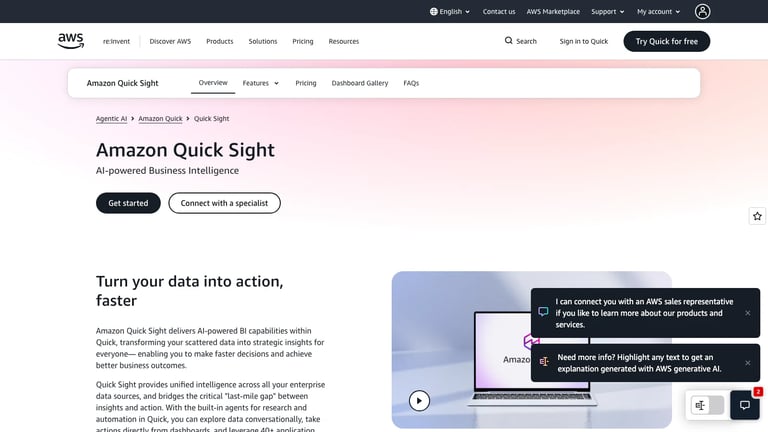 Amazon Quick Sight website homepage screenshot