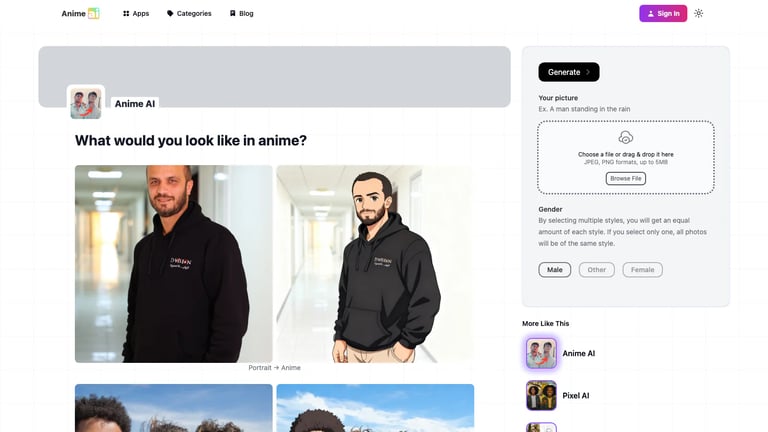 Anime AI website homepage screenshot