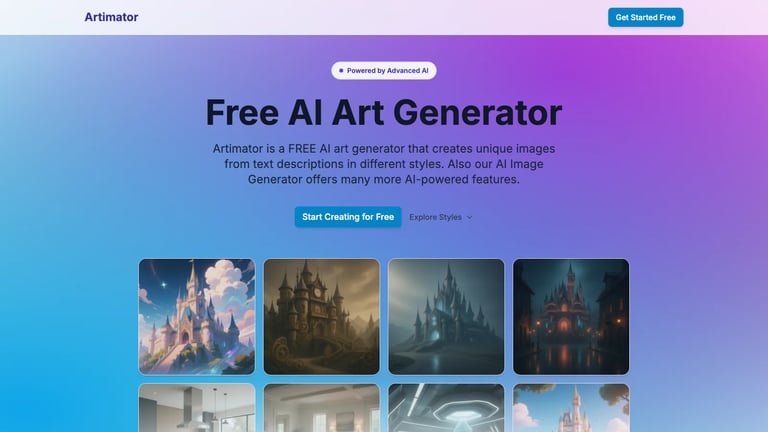 Artimator website homepage screenshot