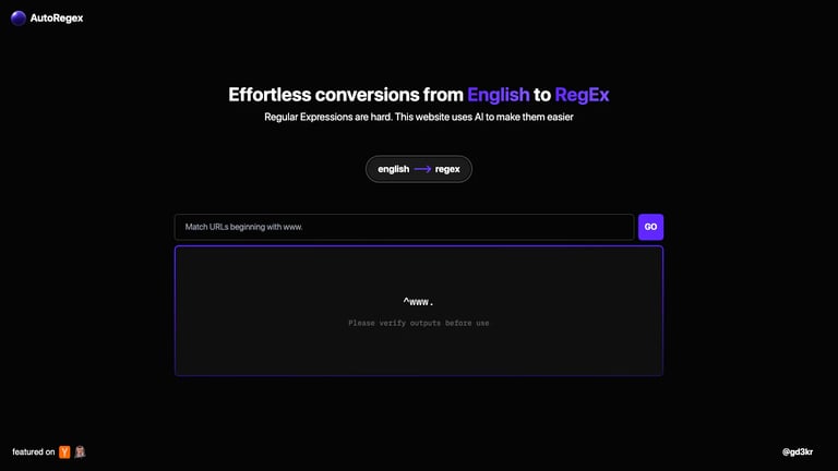 AutoRegex website homepage screenshot