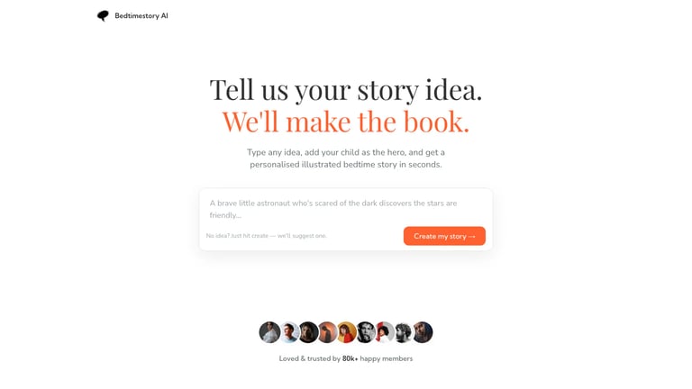 Bedtimestory AI website homepage screenshot