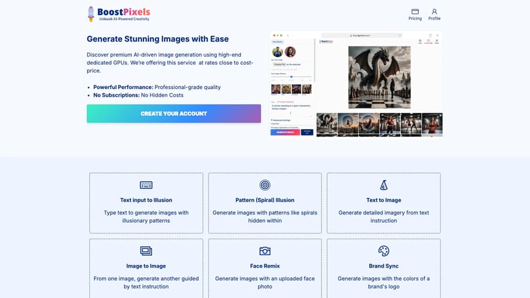 BoostPixels website homepage screenshot