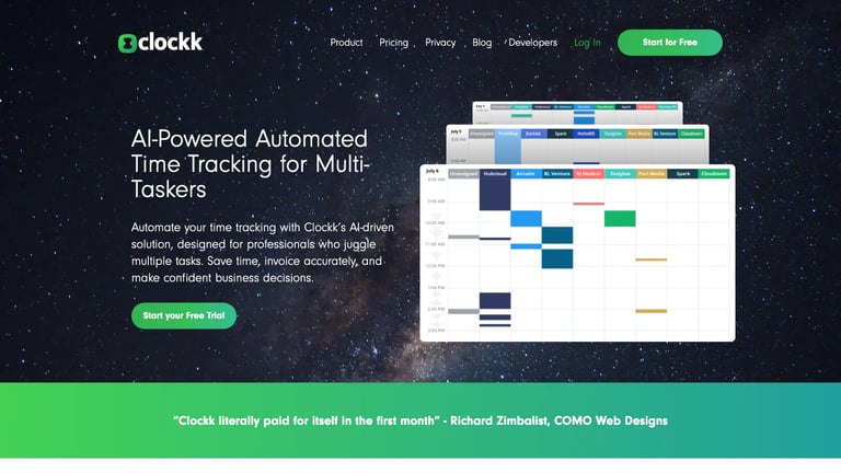 Clockk website homepage screenshot