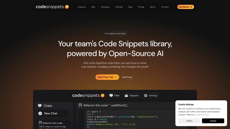Code Snippets AI website homepage screenshot