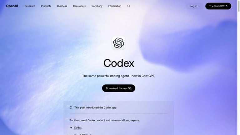 Codex homepage presenting the OpenAI coding agent for ChatGPT