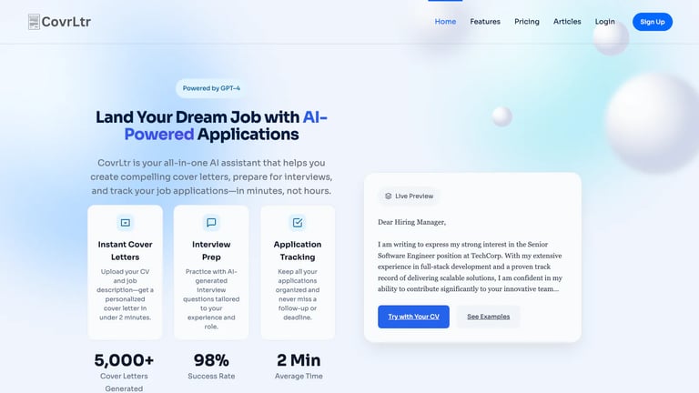 CovrLtr website homepage screenshot
