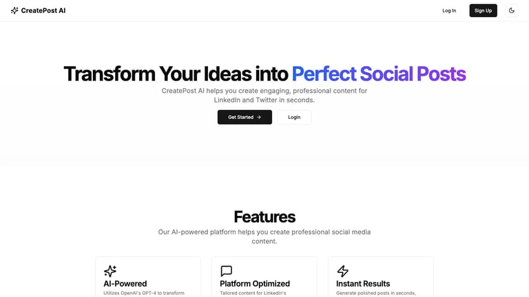 CreatePost AI website homepage screenshot