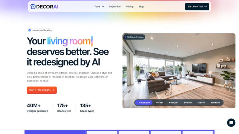 DecorAI website homepage screenshot