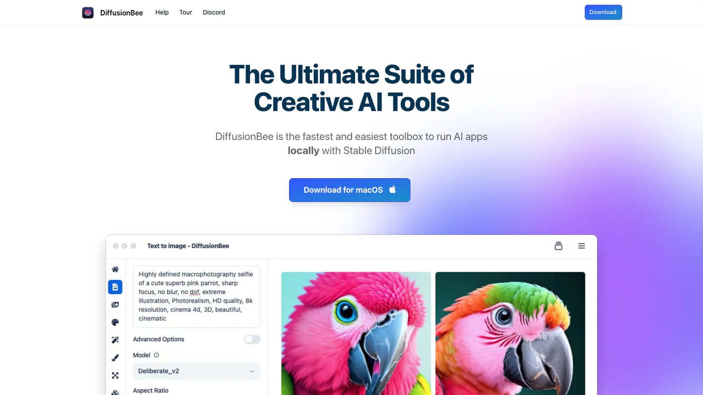 DiffusionBee website homepage screenshot