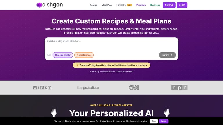 DishGen website homepage screenshot