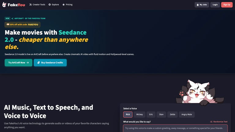 FakeYou website homepage screenshot