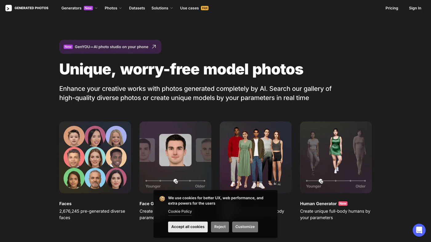 Generated Photos website homepage screenshot