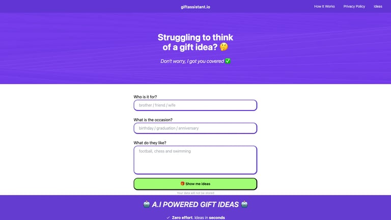 Gift Assistant website homepage screenshot