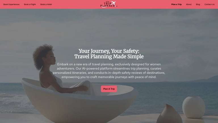 Her Trip Planner website homepage screenshot