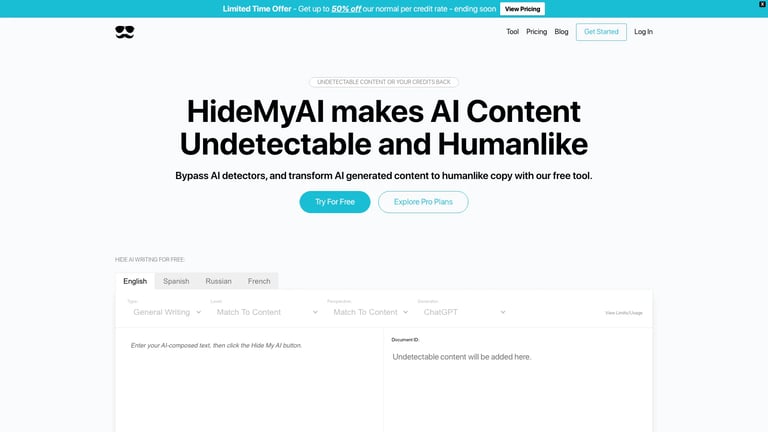 HideMyAI website homepage screenshot
