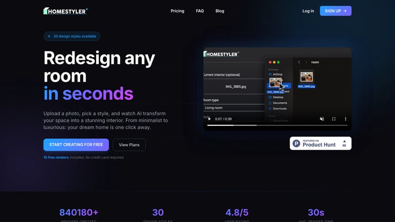 HomeStyler AI website homepage screenshot