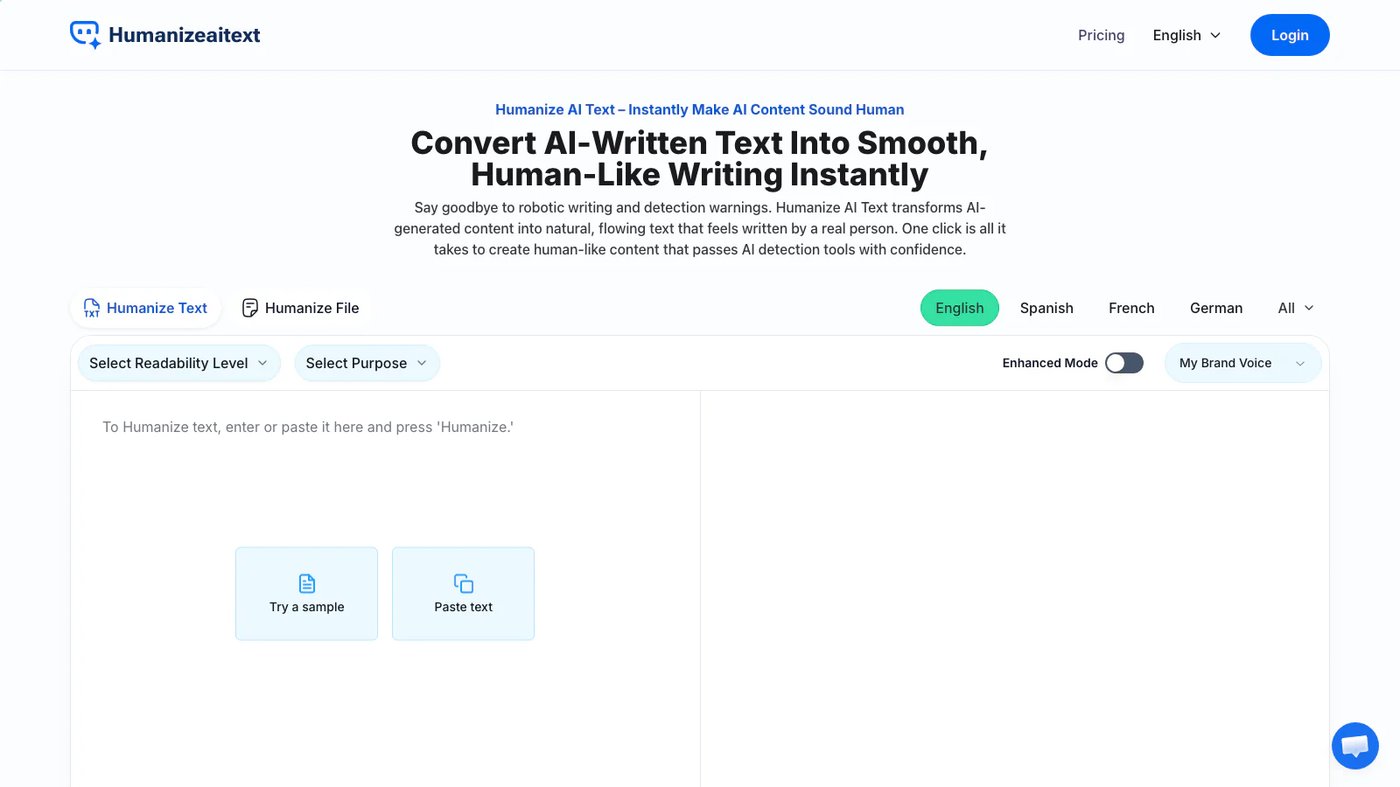 Humanize AI Text website homepage screenshot