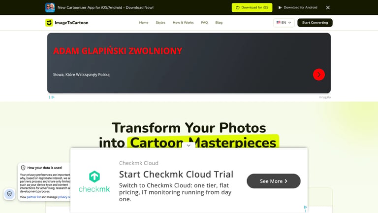 ImageToCartoon website homepage screenshot