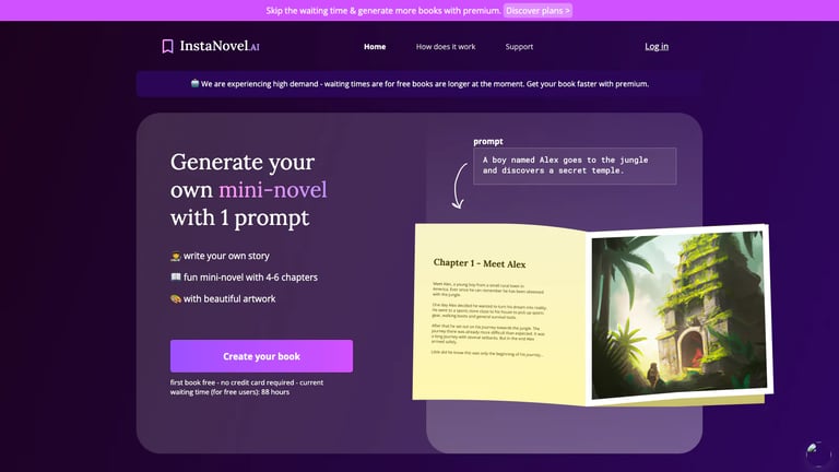 InstaNovel website homepage screenshot