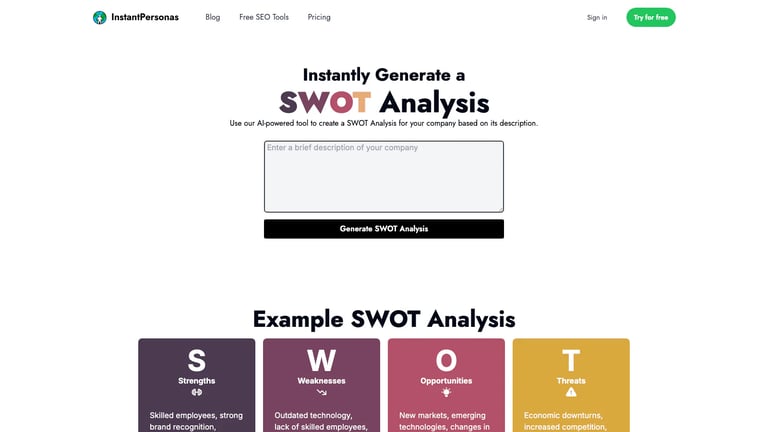 InstantPersonas SWOT Analysis Generator website homepage screenshot