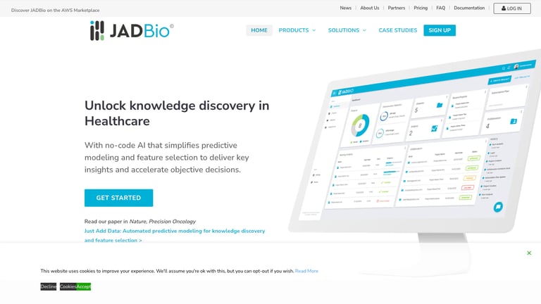 JADBio website homepage screenshot