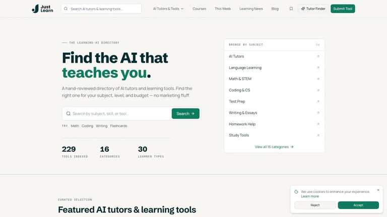 Just Learn website homepage screenshot