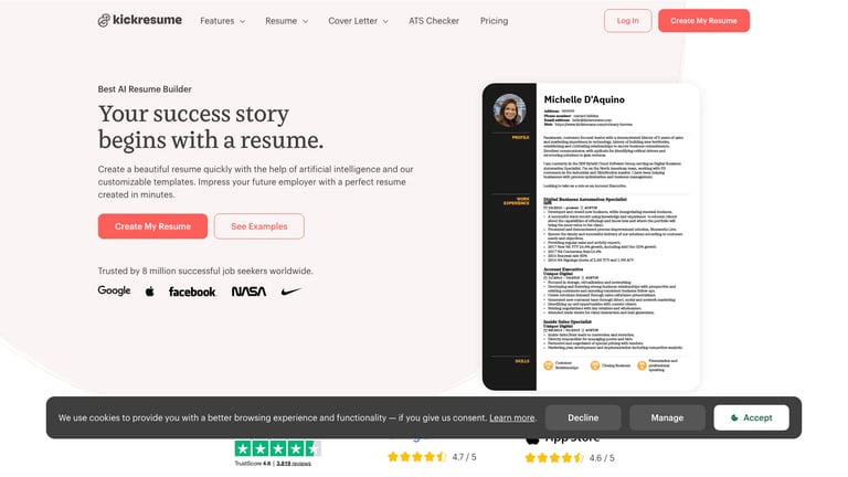 Kickresume website homepage screenshot