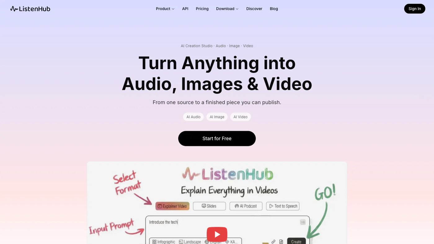 ListenHub website homepage screenshot
