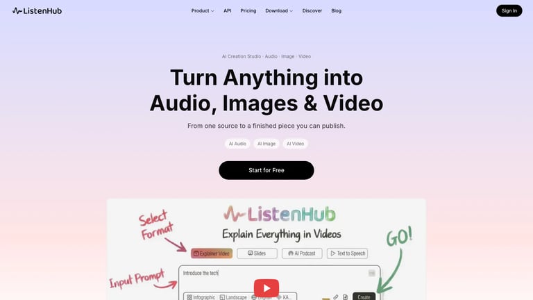 ListenHub website homepage screenshot