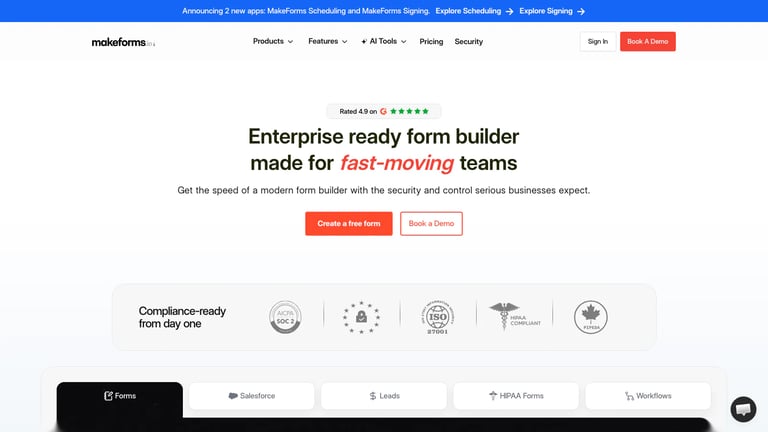 MakeForms website homepage screenshot
