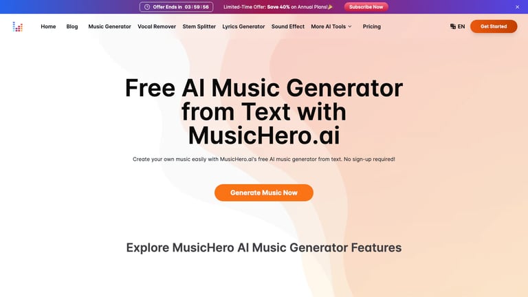 MusicHero.ai website homepage screenshot