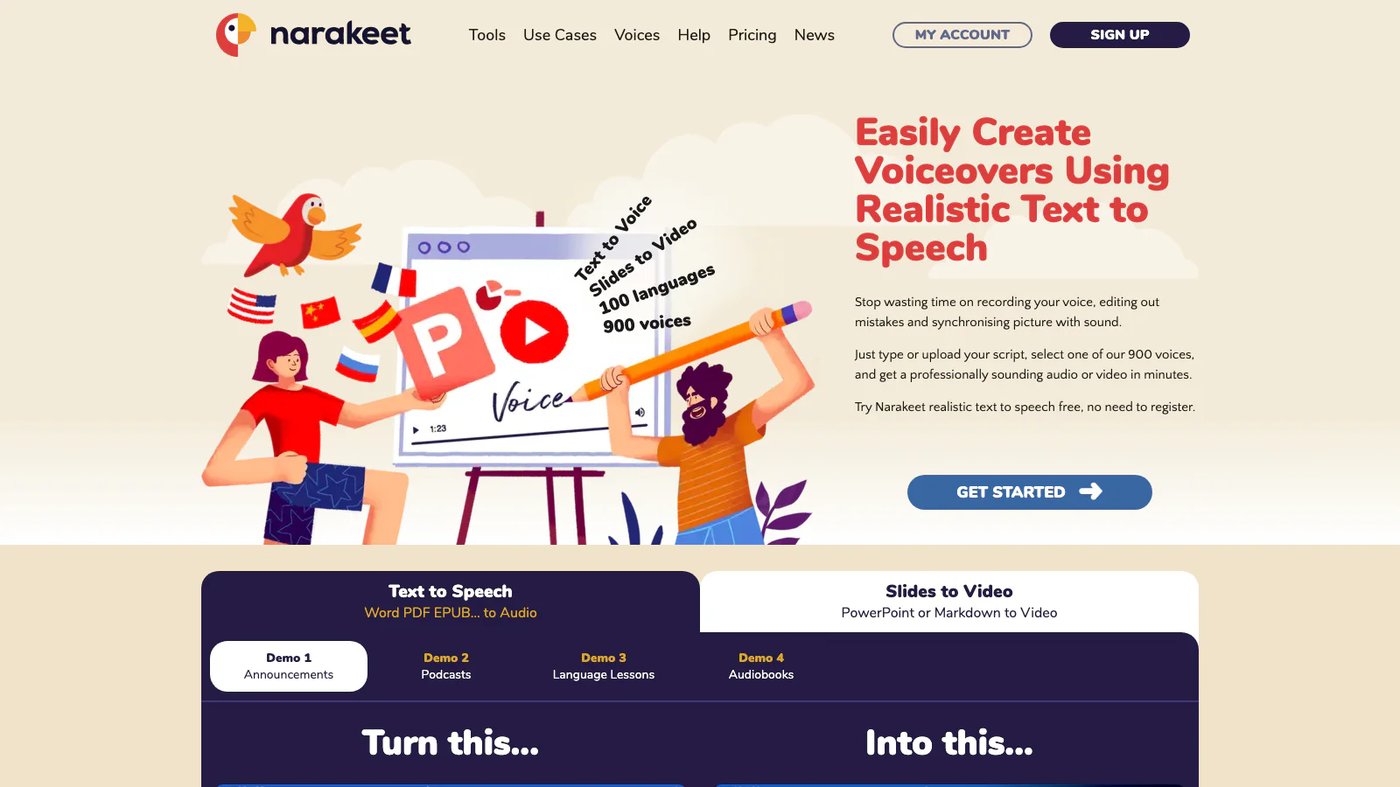 Narakeet website homepage screenshot