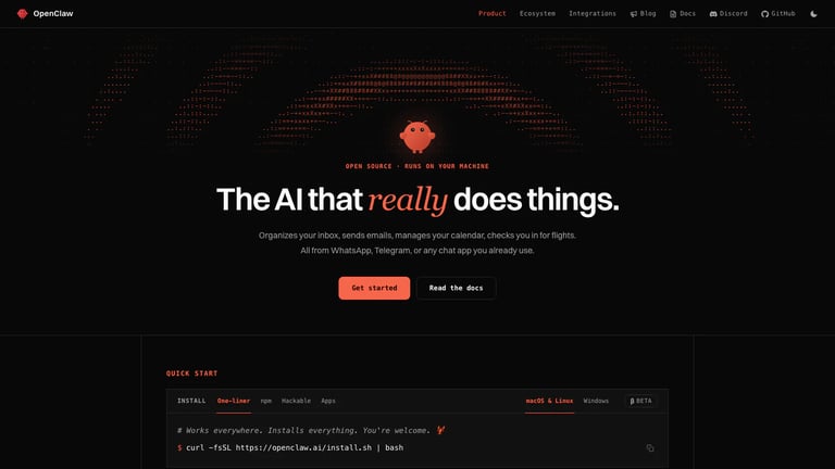 OpenClaw website homepage screenshot