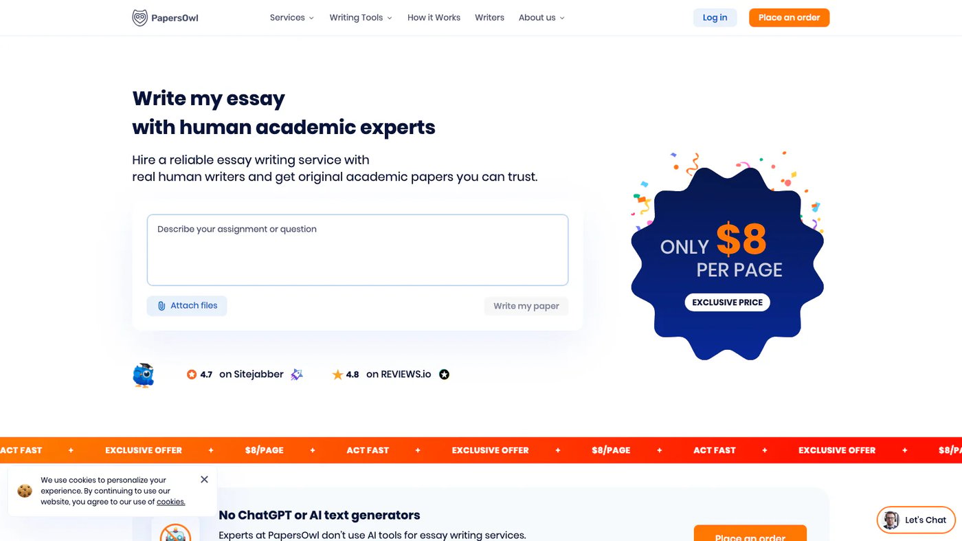 PapersOwl Essay Writing Service website homepage screenshot