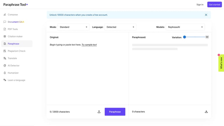 Paraphrase Tool website homepage screenshot