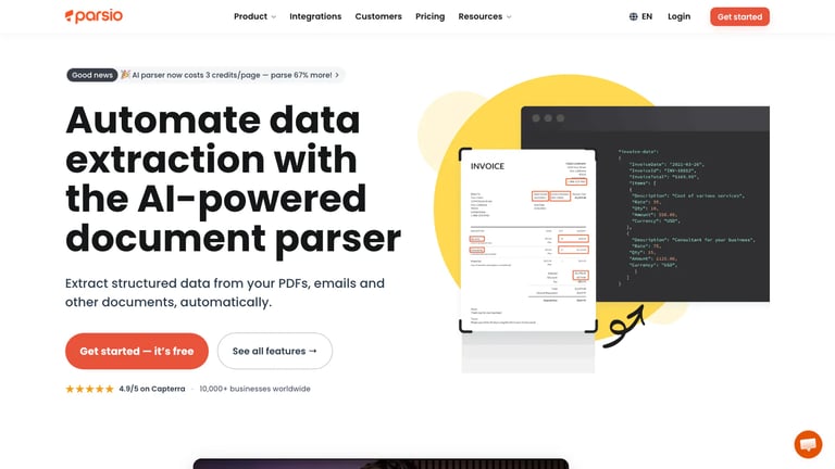 Parsio website homepage screenshot